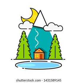 Log Cabin In The Woods Vector Icon Ready For Your Design, Greeting Card, Banner