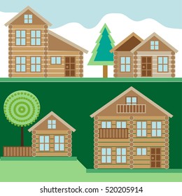 Log cabins set. Vector illustration with wooden houses, mountains and trees. Architectural collection.