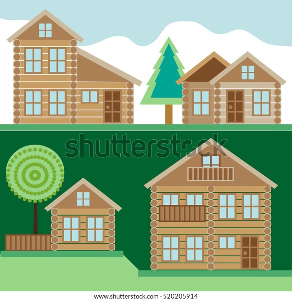 Log Cabins Set Vector Illustration Wooden Stock Vector Royalty