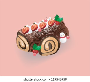 Log cake candy dessert with strawberry and snowman icing decorations for winter Christmas in sweet pink isolated background, create by vector