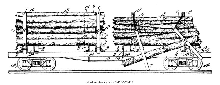 Log Carrying Car which is used in the transport of logs from one construction site to another, vintage line drawing or engraving illustration.