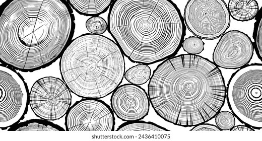 Log cut, seamless pattern, vector banner, tree rings pattern, shades of gray