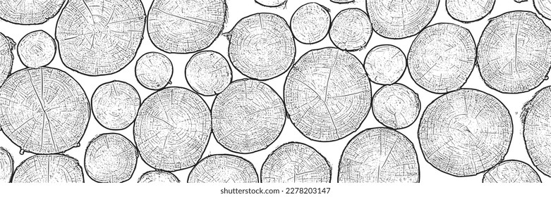 Log cut, vector banner. Tree rings pattern, shades of gray.