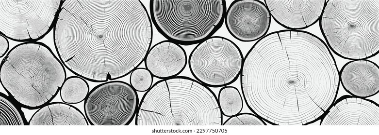 Log cut, vector banner. Tree rings pattern, shades of gray.