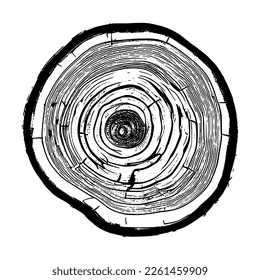 Log cut, vector illustration. Tree rings pattern, shades of gray.