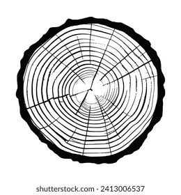 Log cut, vector illustration. Tree rings pattern, shades of gray.