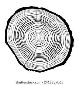 Log cut, vector illustration. Tree rings pattern, shades of gray.