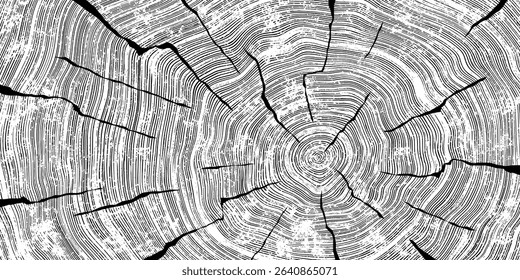 Log cut, wood texture, tree rings pattern, shades of gray, rough vector background