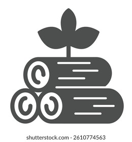 Log deck and plant sprout with leaves solid icon, climate change concept. Vector graphics. Wooden log with leaf sign on white background, glyph style icon for mobile or web design