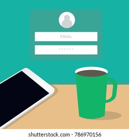 log in display on smartphone menu accompanied by a glass of coffee on the table