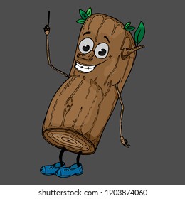 Log with a face. Vector illustration of a cartoon log with a funny face. Hand drawn tree with a face. Cartoon tree, a log with eyes, lips, arms and legs.