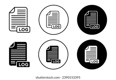 log file icon set. computer data analytics log file vector symbol in black filled and outlined style.