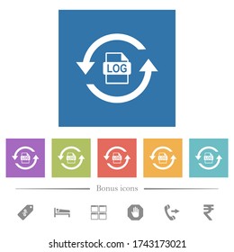 Rotación de archivos de registro iconos blancos planos en fondos cuadrados. 6 iconos de bonificación incluidos.