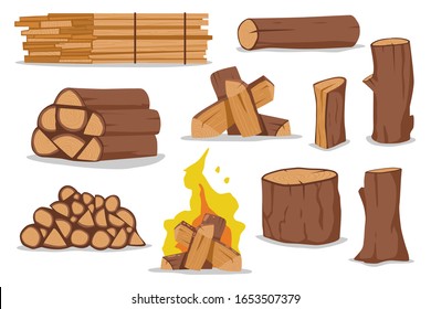 Log and firewood vector cartoon set isolated on white background.