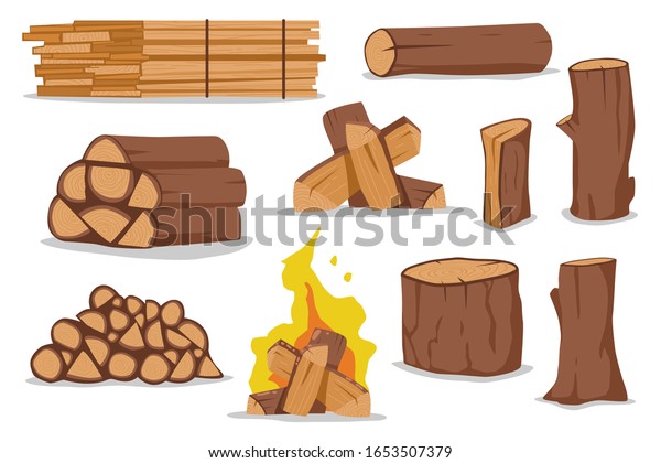 Log and firewood vector cartoon set isolated\
on white background.