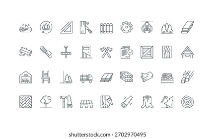 Toros de garra e motosserra, cortes de tronco de árvore, paletes de madeira finos símbolos contorno preto e vermelho ilustração vetor Matéria-prima de madeira, serraria e lenhadores equipamento, madeireira conjunto de ícone de linha de permissão.