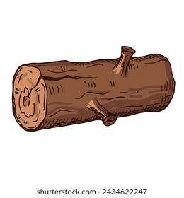 Ilustración plana dibujada a mano del vector del tronco en el fondo aislado. Bloque de tronco de madera con la rama cortada, madera, ilustración isométrica de primer plano. Material de madera, naturaleza. Elemento de diseño para impresión, papel