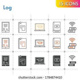 log icon set. included tablet, e-book, book, enter icons on white background. linear, bicolor, filled styles.