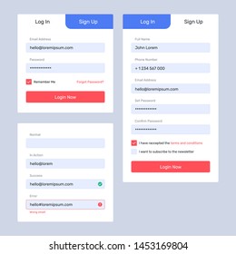Log in, sign up web forms with the detailed description. Vector design. Pop up with buttons and inputs.