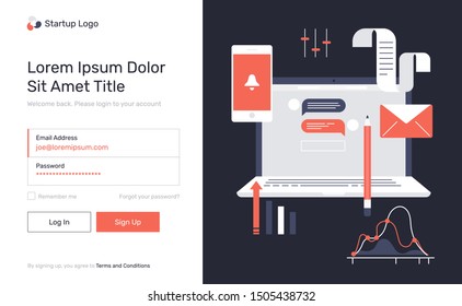 Log in, sign up web forms with the detailed description, laptop, phone, diagrams, graphic elements. Vector flat design illustration. Pop up with buttons and inputs.