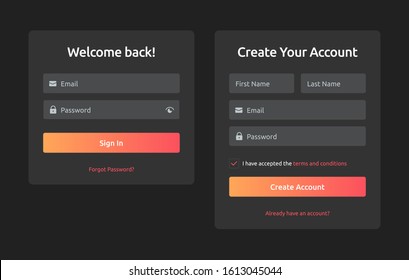 Log in, sign up web forms with the detailed description. Vector design. Pop up with buttons and inputs. UI, UX web elements.  svg