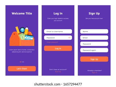 Log in, sign up web forms with the detailed description. Vector design. Pop up with buttons and inputs. UI, UX elements, tool box with staff. 