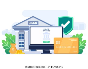 Log into online bank account with computer flat illustration, Online bank login page with username and password, Money transfer and cash withdrawal, Digital wallet, Secure access to personal account