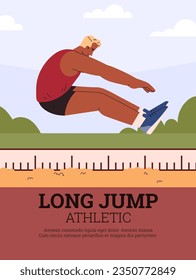 Log jump athletic poster, flat vector illustration. Man jumping on sand with ruler. Professional track and field athlete. Concept of sports competition.