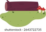 A log lies on grass with two mushrooms in a flat cartoon style. Mushrooms and a wooden log rest on a grassy patch with simple shapes. Cartoon vector illustration.