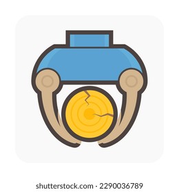 Log lifting work vector icon. Include grapple, claw or lifting tong mount on crane. Material and equipment in sawmill industry. To move long wood from forest for transport on vehicle or stock in pile.
