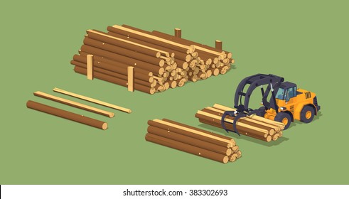 Log loader and the log piles. 3D lowpoly isometric vector concept illustration