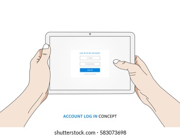 Log in mobile device vector illustration. Access to account on tablet creative concept. Person holds tablet with log in, sign in form on the screen graphic design.
