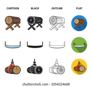 Log on supports, two-hand saw, ax, raising logs. Sawmill and timber set collection icons in cartoon,black,outline,flat style vector symbol stock illustration web.