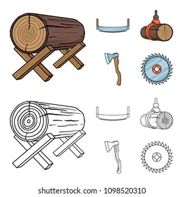 Log on supports, two-hand saw, ax, raising logs. Sawmill and timber set collection icons in cartoon,outline style vector symbol stock illustration web.