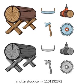Log on supports, two-hand saw, ax, raising logs. Sawmill and timber set collection icons in cartoon,monochrome style vector symbol stock illustration web.