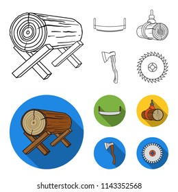 Log on supports, two-hand saw, ax, raising logs. Sawmill and timber set collection icons in outline,flat style vector symbol stock illustration web.