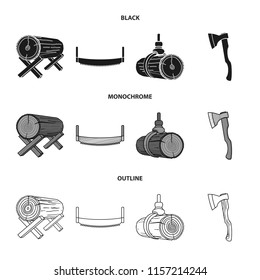 Log on supports, two-hand saw, ax, raising logs. Sawmill and timber set collection icons in black,monochrome,outline style vector symbol stock illustration web.