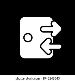 Log in and out dark mode glyph icon. Sign in form. Sign out application. Phone screen menu element. Smartphone UI button. White silhouette symbol on black space. Vector isolated illustration
