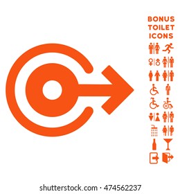 Log Out icon and bonus male and woman restroom symbols. Vector illustration style is flat iconic symbols, orange color, white background.