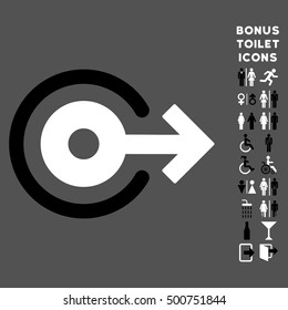 Log Out icon and bonus male and lady WC symbols. Vector illustration style is flat iconic bicolor symbols, black and white colors, gray background.