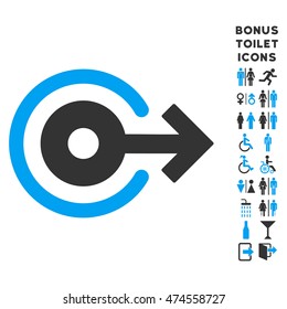 Log Out icon and bonus man and lady WC symbols. Vector illustration style is flat iconic bicolor symbols, blue and gray colors, white background.
