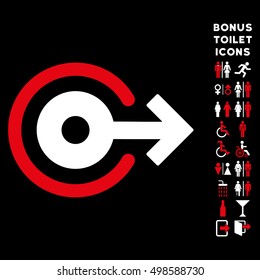 Log Out icon and bonus man and female WC symbols. Vector illustration style is flat iconic bicolor symbols, red and white colors, black background.