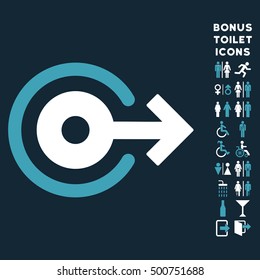 Log Out icon and bonus man and woman WC symbols. Vector illustration style is flat iconic bicolor symbols, blue and white colors, dark blue background.