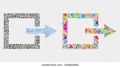 Log out mosaic icon of triangle items which have different sizes and shapes and colors. Geometric abstract vector design concept of log out.