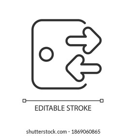 Log in and out pixel perfect linear icon. Sign in form creation. Sign out after app usage session. Thin line customizable illustration. Contour symbol. Vector isolated outline drawing. Editable stroke