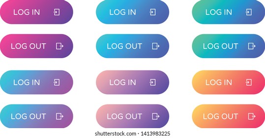 log in log out web buttons set. filled ui web buttons in flat style. rounded vector buttons on trendy gradients with icons for web and ui design