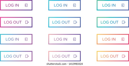 log in log out web buttons set. outline ui web buttons in flat style. rectangular vector buttons on trendy gradients with icons for web and ui design