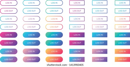 log in log out web buttons set. outline and filled ui web buttons in flat style. rounded and rectangular vector buttons on trendy gradients for web and ui design