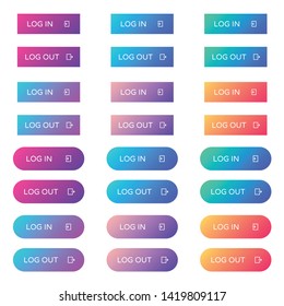 log in log out web buttons set. filled ui web buttons in flat style. rounded and rectangular vector buttons on trendy gradients with icons for web and ui design