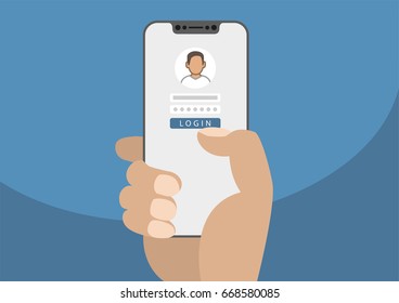 Log in page displayed on bezel free / frameless smartphone touchscreen. Hand holds the smartphone. Modern flat design illustration.